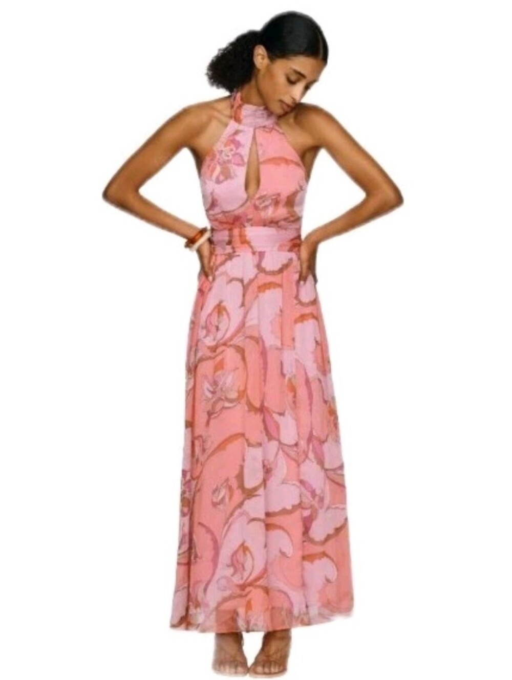 Anthropologie Maeve Pink Multicolor Floral Halter Backless Tie Maxi Dress Sz:  L